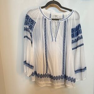 Joie White Blouse with Blue Embroidery